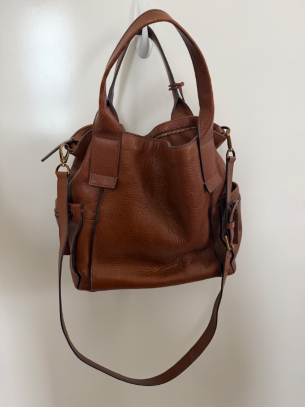Fossil Emerson Medium Pebbled Leather Satchel Handbag Cognac/Brown - Picture 8 of 14
